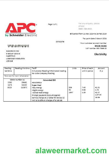United Kingdom APC electricity business utility bill template in Word and PDF formats